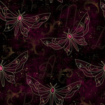Luxury Celestial Moth Pattern with Ruby Gemstones, Baroque Ornaments and Monogram Letters