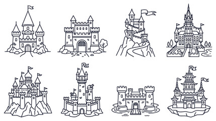 Set of medieval fairytale castles. ancient fortresses with towers, fantasy architecture. © MdJubayer