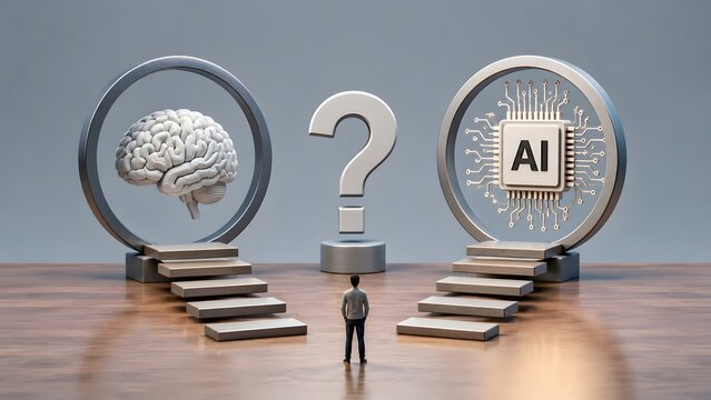 Future technology decision concept showing a man choosing between human intelligence and artificial intelligence