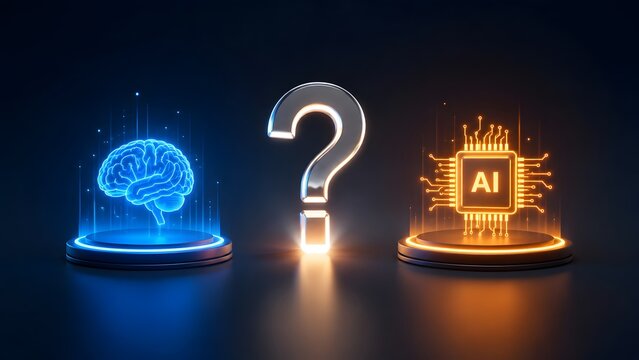 Human intelligence versus artificial intelligence concept featuring a glowing blue brain and an orange AI microchip with a question mark