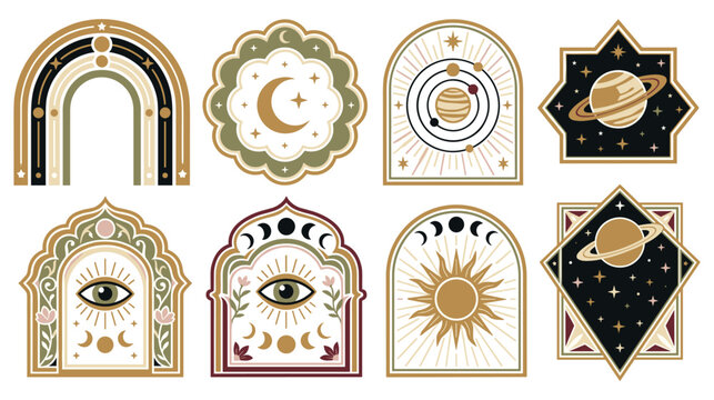 Boho celestial emblems set including planets moon sun and evil eye symbols.