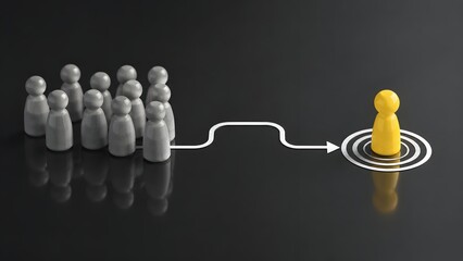 Obraz premium Standout candidate recruitment strategy showing a yellow figure reaching a success target away from the crowd