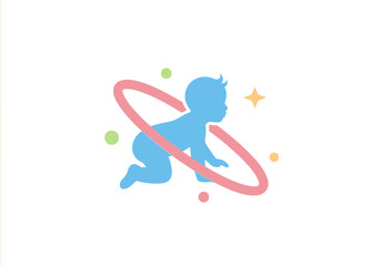 Minimalist blue crawling baby silhouette with pink orbit ring © joko