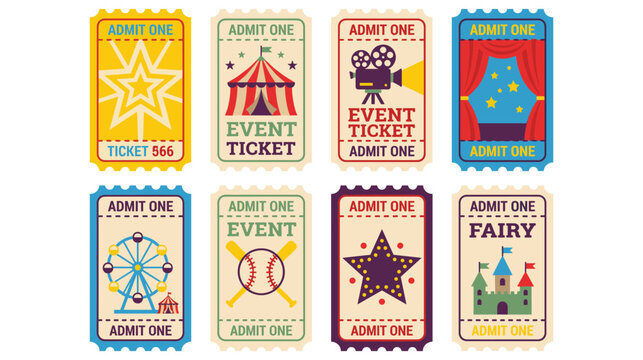 Collection of colorful vintage event tickets for circus concert and fair attractions.