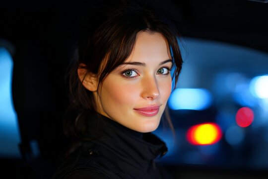 Close-up portrait of a beautiful young female delivery driver inside a vehicle at night.