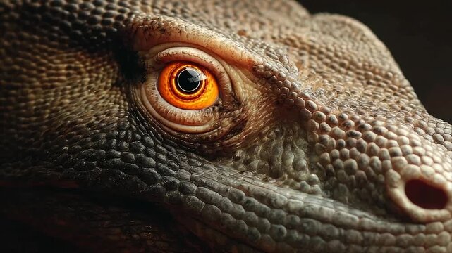 Close-up of a reptile's face, highlighting a striking orange eye with intricate scales
