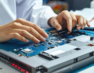 Naklejka premium Technician hands performing precision motherboard repair, electronic circuit maintenance, hardware diagnostic, troubleshooting, soldering, engineering