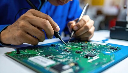 Naklejka premium Technician using soldering iron on electronic circuit board for hardware repair, engineering diagnostics, manufacturing maintenance