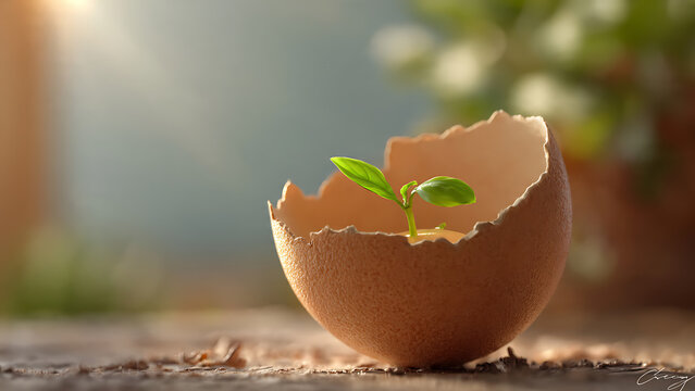 A small green seedling with two leaves emerges from a cracked brown eggshell under warm sunlight with a soft bokeh background representing new life and beginnings.
