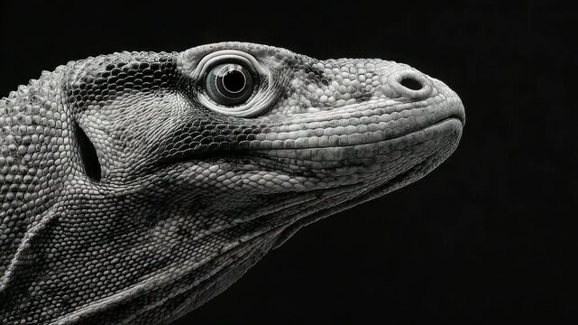 Close-up grayscale portrait of a reptile's head, highlighting textured scales and piercing gaze