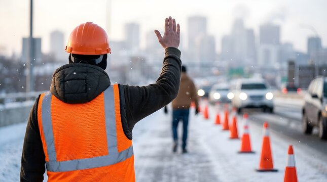 Construction worker in a bright orange vest and hard hat waves a hand while standing on a snowy road near a busy city during winter