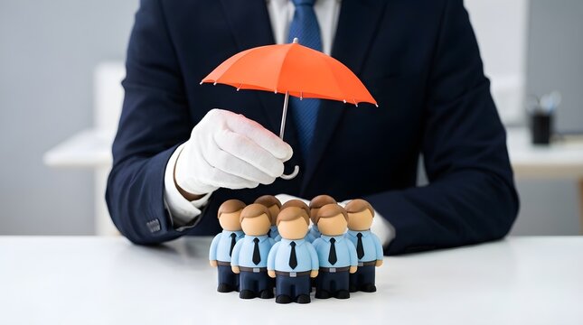 Professional business person in a dark suit holding a bright orange umbrella over a small group of plastic figurines representing a team of corporate employees