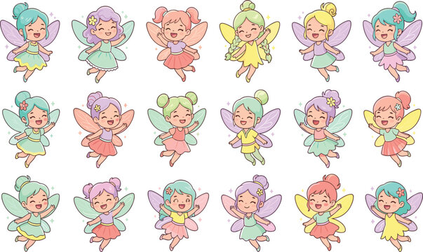 Cute anime chibi fairy girls vector illustration bundle with magical little fairies flying with colorful wings and sparkles