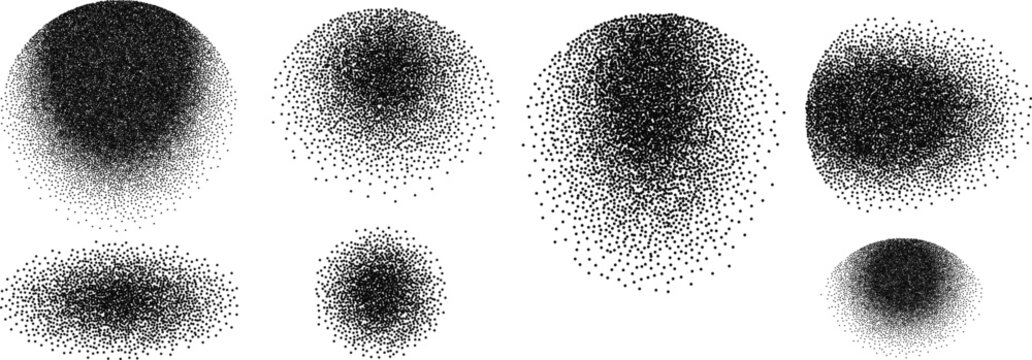 Set of grain texture with dotted spray effect. Round gradation and noise pattern dissolving into scattered points with radial shadow elements