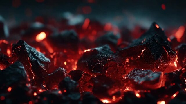 Close-up of glowing hot coal. Burnt rocks emit bright red light. Some rocks appear black