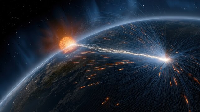 Solar geomagnetic storm hits earth inducing currents in power grid leading to transformer failures against a dark space backdrop with auroras