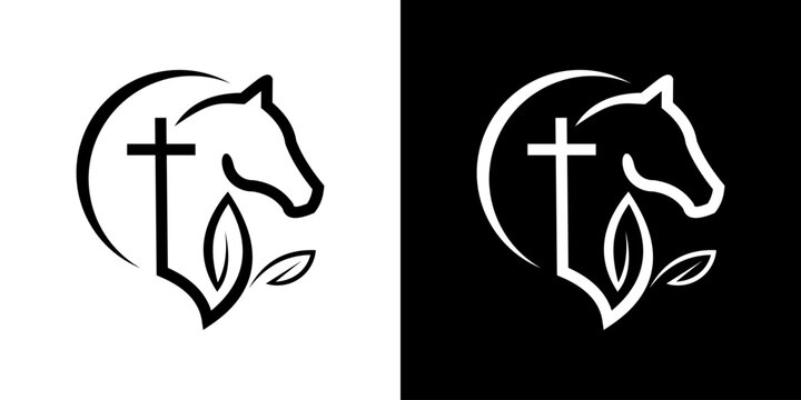 Horse head silhouette with cross and leaf symbol on white and black background
