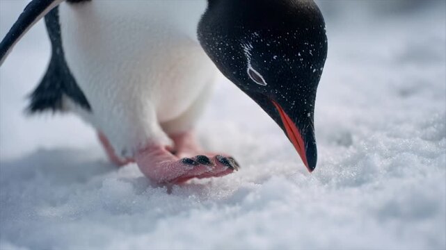 A close-up of a penguin with a black head and red beak, looking in snow