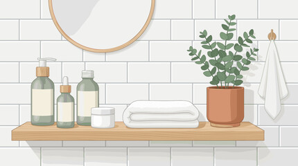 Fototapeta premium Modern Bathroom Shelf with Skincare Products and Eucalyptus Plant