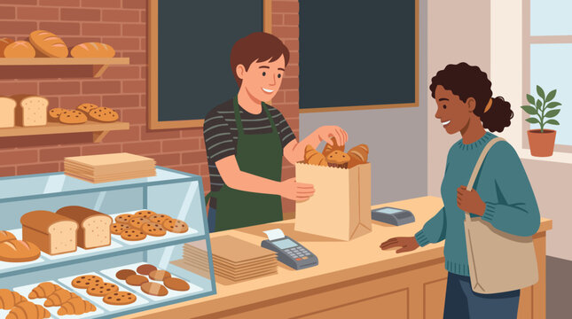 Baker Fills Bag with Pastries for Customer at Counter