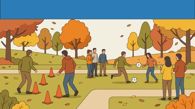 Autumn park scene with people playing soccer and practicing drills