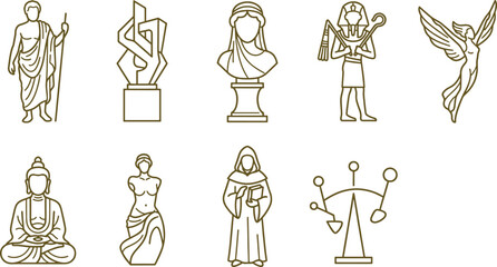 Naklejka premium Historical figures, statues, and symbolic in a minimalist line style isolated on a white background, for projects