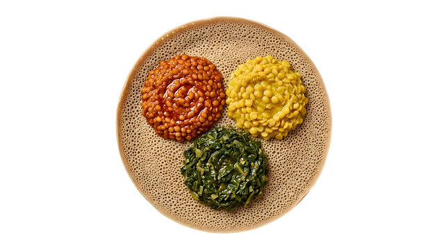 A top-down view of a traditional Ethiopian injera flatbread topped with a trio of colorful vegetarian lentil and spinach stews isolated on a white background
