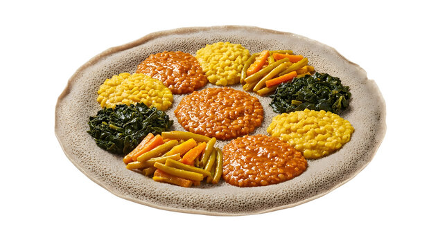 A large traditional Ethiopian vegetarian platter featuring multiple colorful vegan stews and curries served on spongy injera bread isolated on a white background