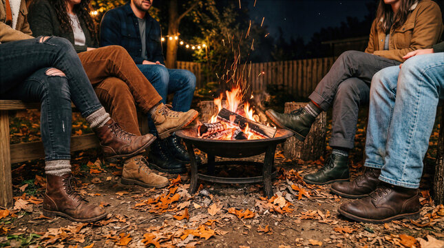 Cozy autumn hygge lifestyle: Group of friends relaxing around a warm outdoor fire pit at night, wearing boots among fallen leaves, enjoying slow living and seasonal comfort.