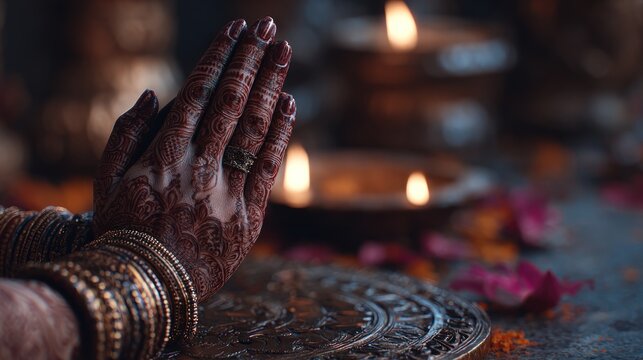 Traditional Indian woman's hands with henna and bangles praying