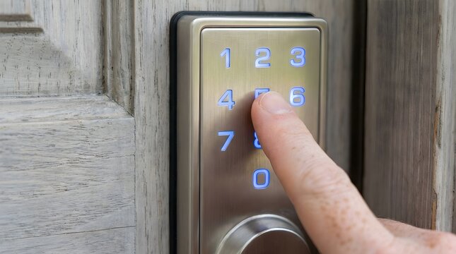 Human finger pressing a glowing blue button on a modern metallic keypad deadbolt lock installed on a wooden door to gain secure entry to home