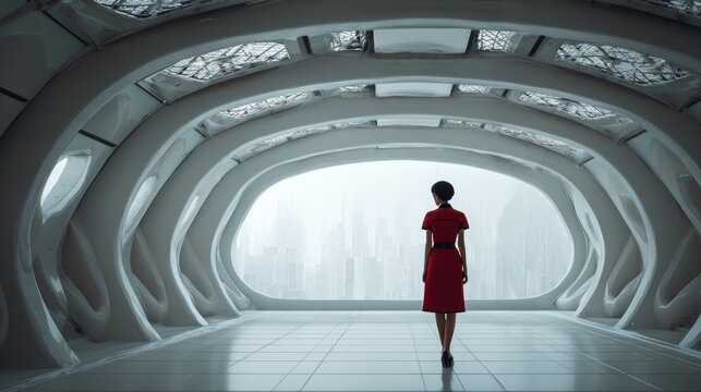 Woman in red dress walking in futuristic city hallway
