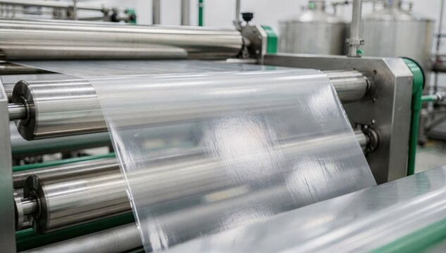 Medium shot of biobased polymer film production line showing transparent pellicle forming from plantderived resins highlighting ecofriendly packaging innovation.