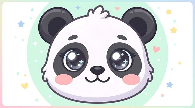 Cute cartoon panda face with hearts and stars.
