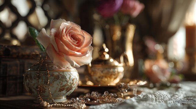 Peach rose in ornate vase with gold accents