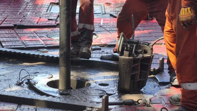 Drilling rig activity - Pull of of hole drill string with oil based mud on the rig floor. Trip out of hole.