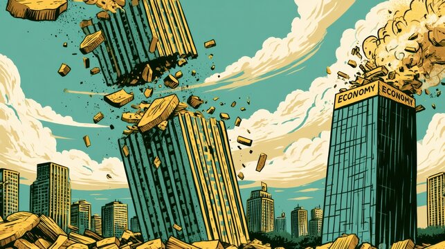 Buildings fall in a dramatic representation of the 2008 financial crisis, showing the collapse of mortgage securities and banks affecting the economy.
