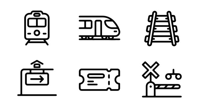 Train Icons Set: Locomotive, Railway, Station Sign, Ticket, Barrier, Vector Graphics
