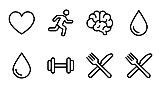 Healthy Lifestyle Icons Set: Heart, Running Man, Brain, Water Drop, Dumbbell, Food