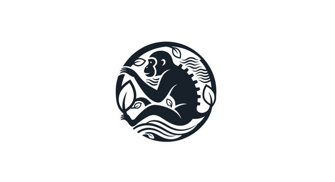 Circular black and white monkey logo with wave patterns.
