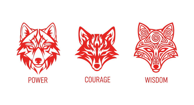 Three Intricate Red Wolf Head Designs with Symbolic Traits.