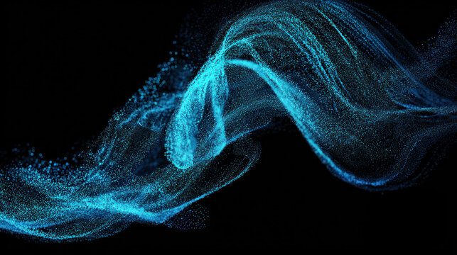 Abstract blue light particles create dynamic wave - like patterns, showcasing modern digital art and technological visual effects.