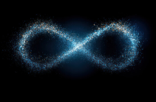 An abstract infinity symbol composed of glittering particles on a black background, representing eternity and infinite possibilities.