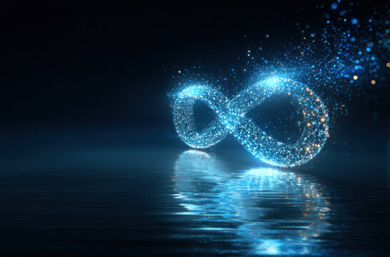A shiny digital infinity symbol with glowing particles and its reflection on water, representing endless and dynamic technology concept.