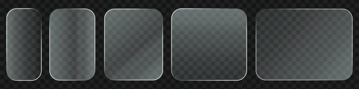 Glass morphism UI Frames Set - 5 Transparent Glass Panel Rounded Rectangles Vector