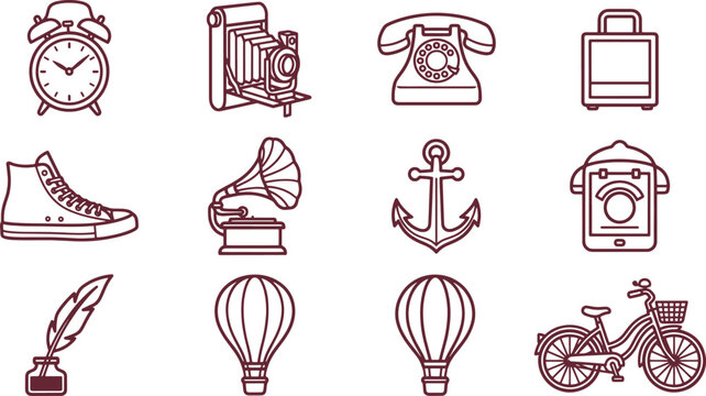 A set of nine brown line featuring vintage including a clock, camera, telephone, suitcase, shoe, gramophone, anchor, and bicycle