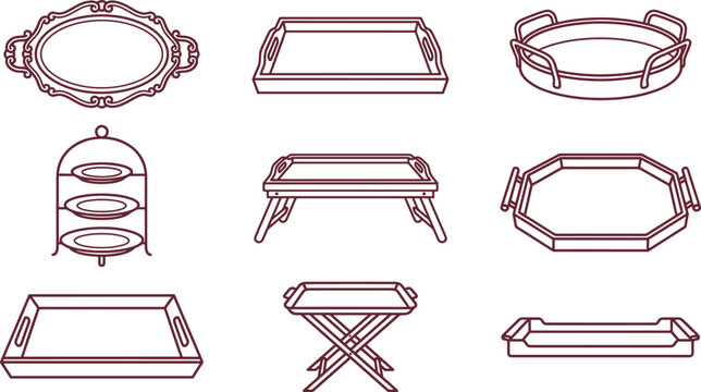 Collection of various serving trays and platters in a clean line style, including oval, rectangular, round, tiered, and folding tray tables