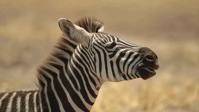 A close-up side view portrait of a zebra's head and neck with distinctive black and white stripes