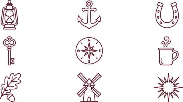 Set of vintage style featuring a lantern, anchor, horseshoe, key, compass, coffee mug, oak leaf with acorn, windmill, and sunburst