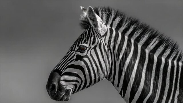 A black and white portrait of a zebra's head and neck against a soft grey backdrop